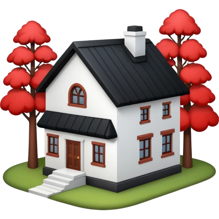Dom parterowy z czarnym dachem i biała elewacją ze wstawkami z czerwonej cegły.Na drugim planie las. emoji