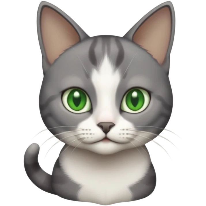 full body tiny short hair dark grey and white cat with white front legs and green  eyes lying down emoji