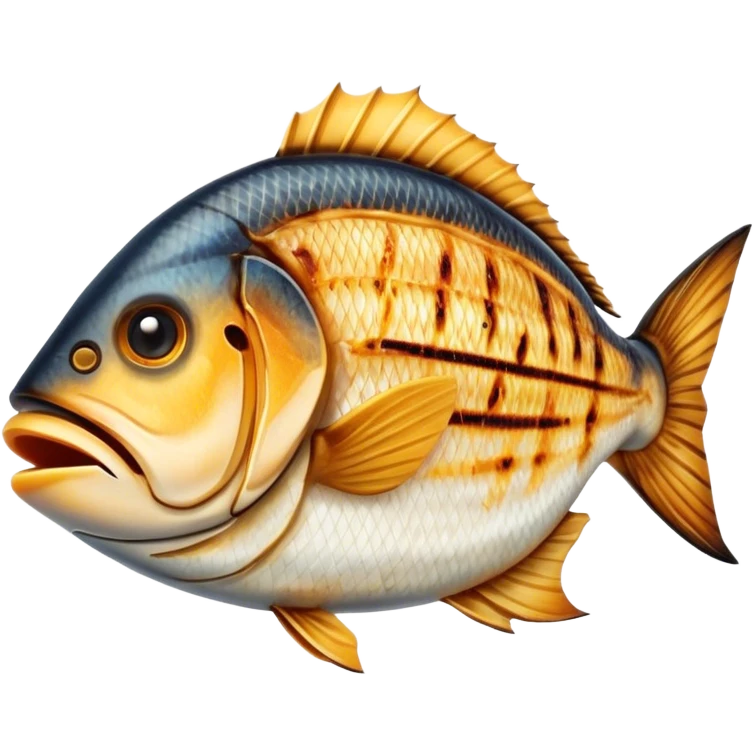 Cinematic Realistic Gradele (Grilled Fish) Dish Emoji, depicted as perfectly grilled fish with a smoky, charred finish rendered with lifelike detail and appetizing, natural lighting. emoji