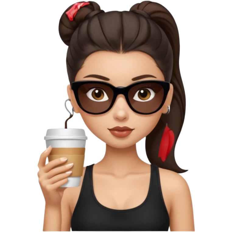 generate a pretty fair bratz girl with dark brown eyes, dark brown eyes tied into a slick back ponytail, thin brown sunglasses. Wearing a black cami top and drinking coffee, high cheekbones emoji