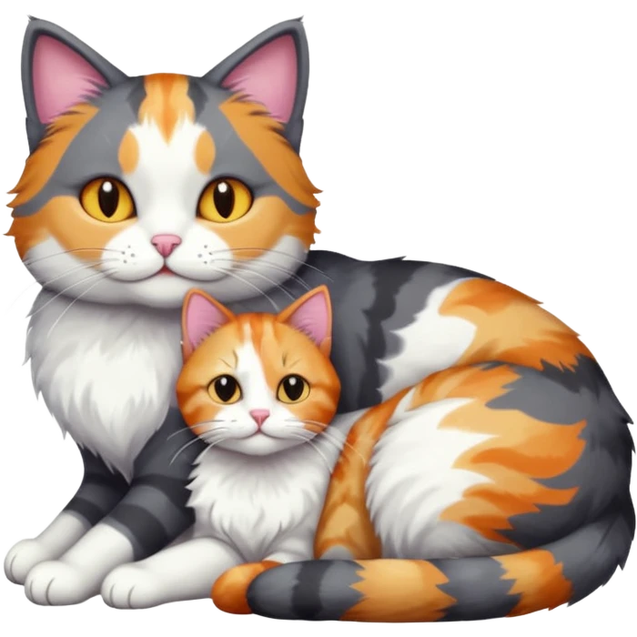 full body large dark grey and white cat cuddling a colourful light patched calico + white tabby cat  emoji