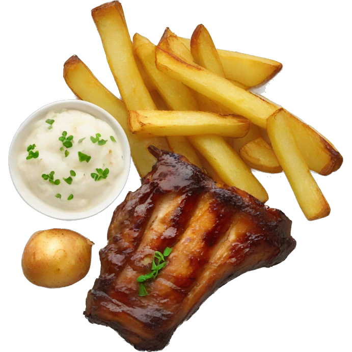 A plate with ribs and garlic wedges potato emoji