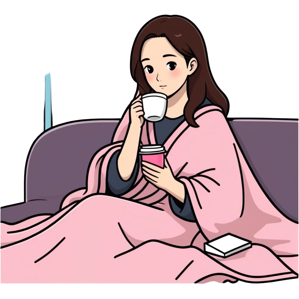 Brunette girl in pink blanket drinking coffee emoji