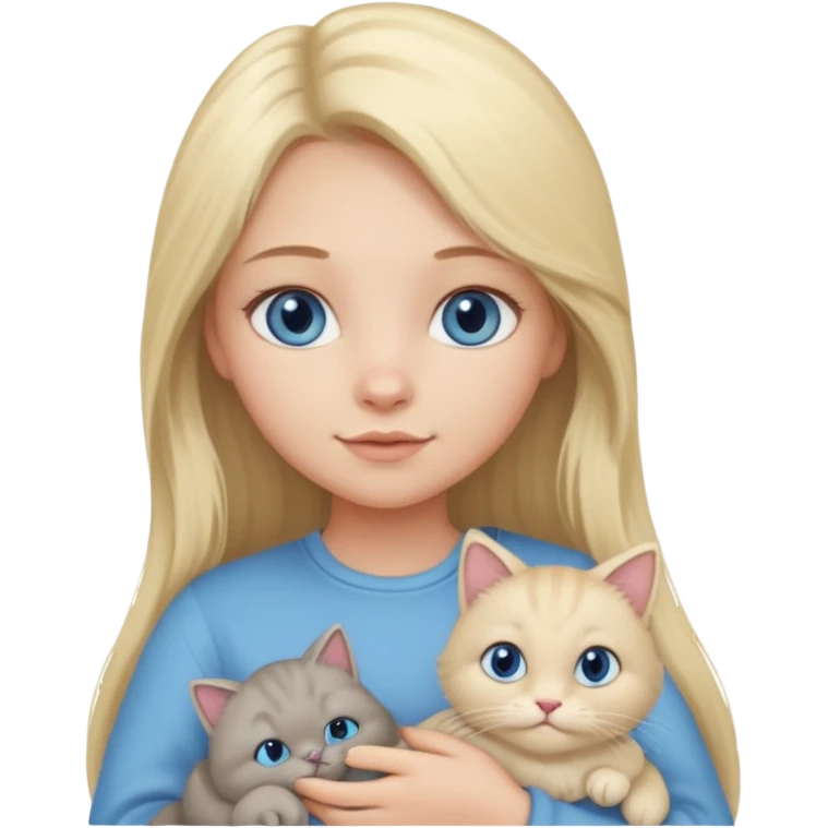 blonde girl with long blonde hair and blue eyes with chubby gray cat emoji