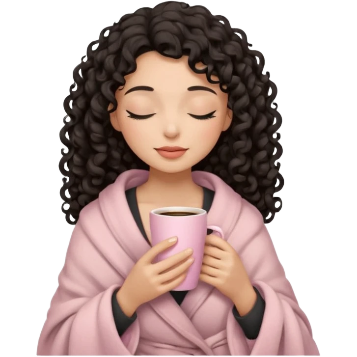 woman with medium tone, black long 3b curls, closed eyes, feminine face, holding soft pink coffee cup with beige blanket over shoulders emoji