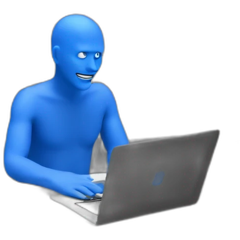 blue man sitting at a conference with mackbook emoji
