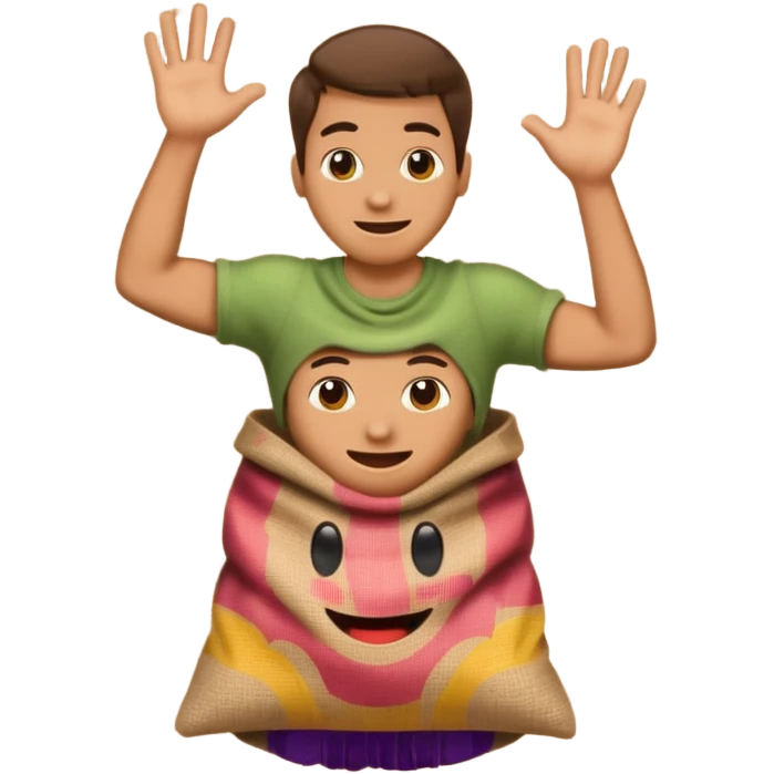 man jumping in a burlap sack holding it emoji emoji