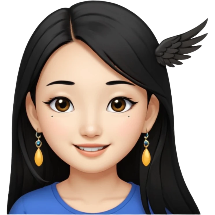 A Asian girl with fare skin and earrings, long straight black hair that is covering her checks with black eyes, smiling with a open wings eyeliner, mole near her nose of the right side emoji