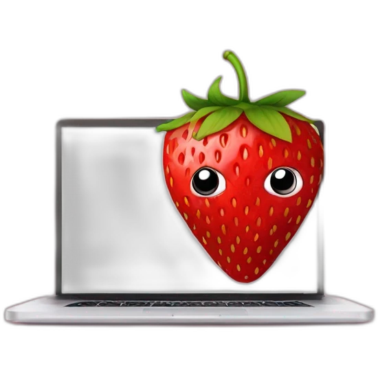 a strawberry with the body of a man with eyes a mouth a nose and everything else the strawberry is in front of a mac laptop with a mask that hides his eyes so that we don't recognize his face emoji