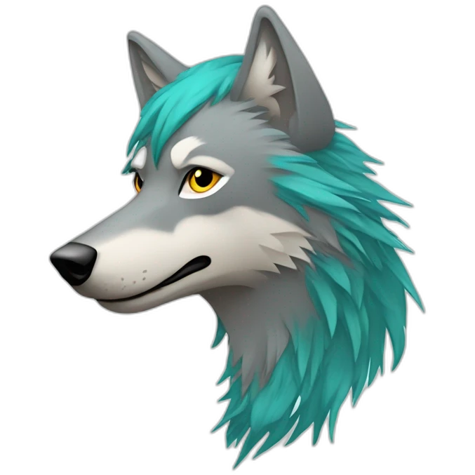 Grey wolf head with a star tatoo over his right eye, he have a turquoise glamrock mullet haircut emoji