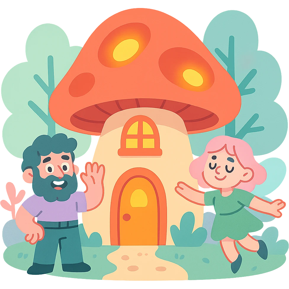 mushroom-shaped house with glowing lights, forest fairy tale vibe, pastel-toon style emoji