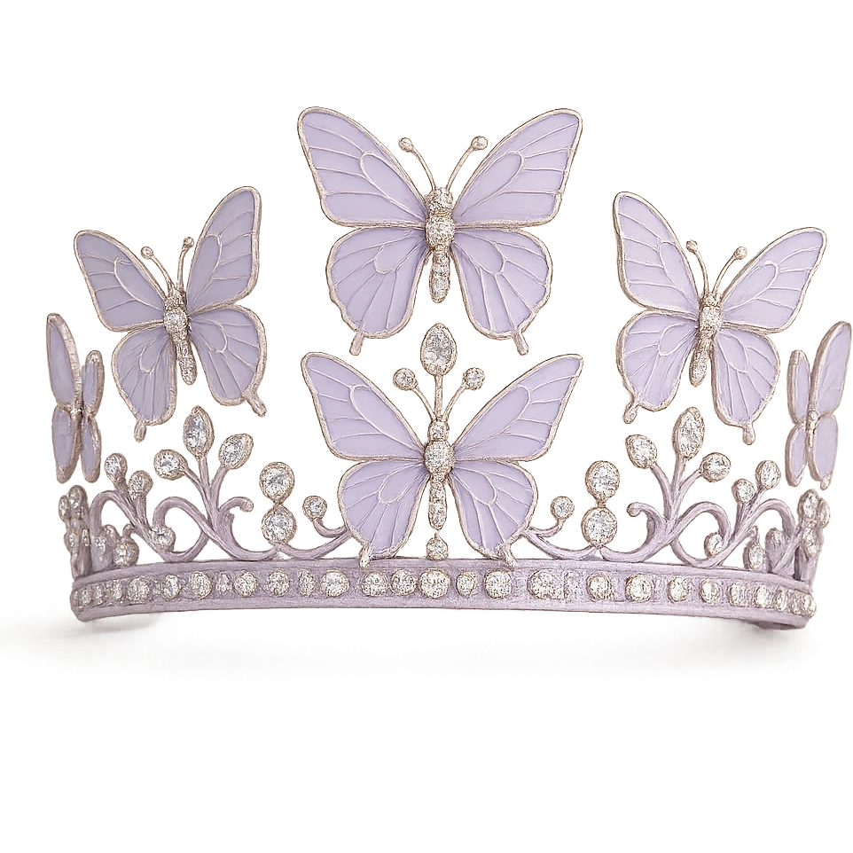 butterfly crown with a light purple base, butterflies in pastel lavender enamel, sparkling gems emoji