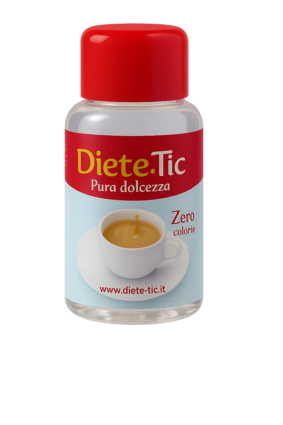 BOCCETTA DI DOLCIFICANTE LIQUIDO CON LA SCRITTA "DIETE-TIC" SULL'ETICHETTA FLUTTUA IN ARIA emoji