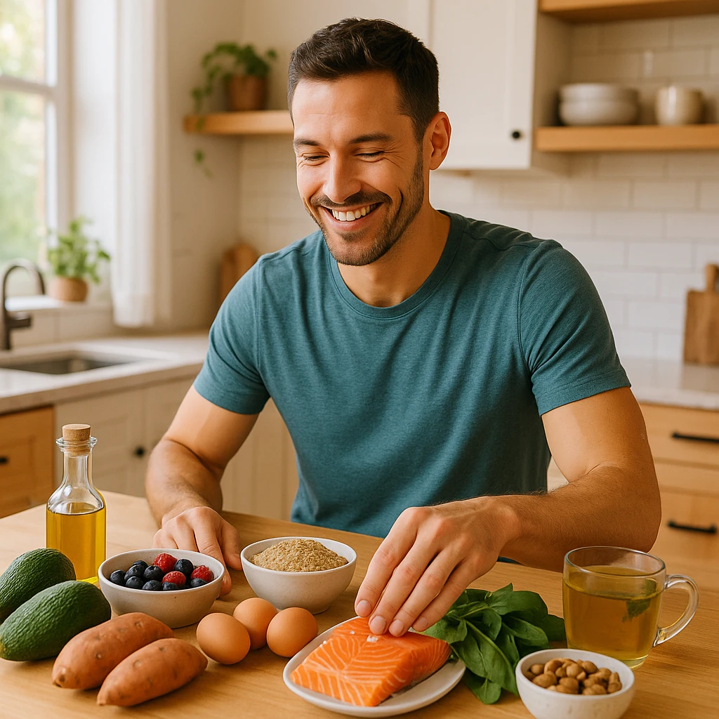 a relaxed, fit man in a bright kitchen with wooden elements, surrounded by healthy foods such as avocados, sweet potatoes, olive oil, berries, quinoa, eggs, leafy greens, nuts, salmon, and herbal teas, smiling and reaching for his favorites, health-focused, modern, and warm vibrant lifestyle photo emoji