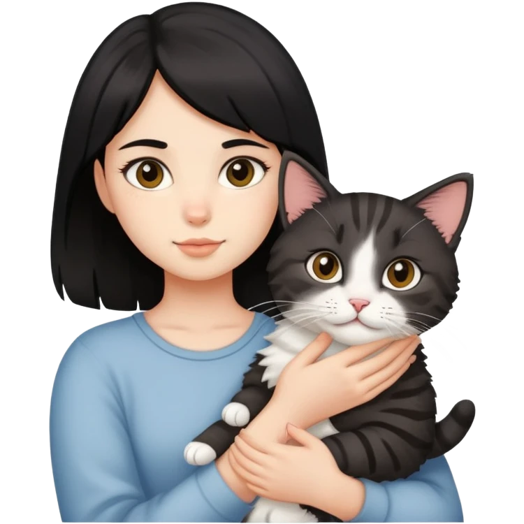 Medium-length black-haired girl holding a haired tabby cat emoji