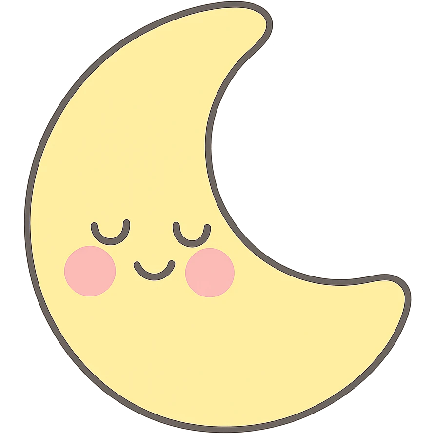 kawaii sleepy yellow crescent moon, gentle smile, blushing cheeks, soft pastel colors, no limbs, full body, soft pastel kawaii style emoji