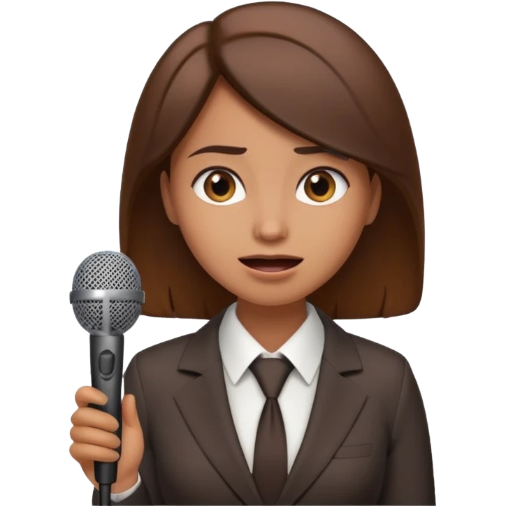 a office woman presenting her idea with microphone stop smiling and got scared with disappointed face
 emoji