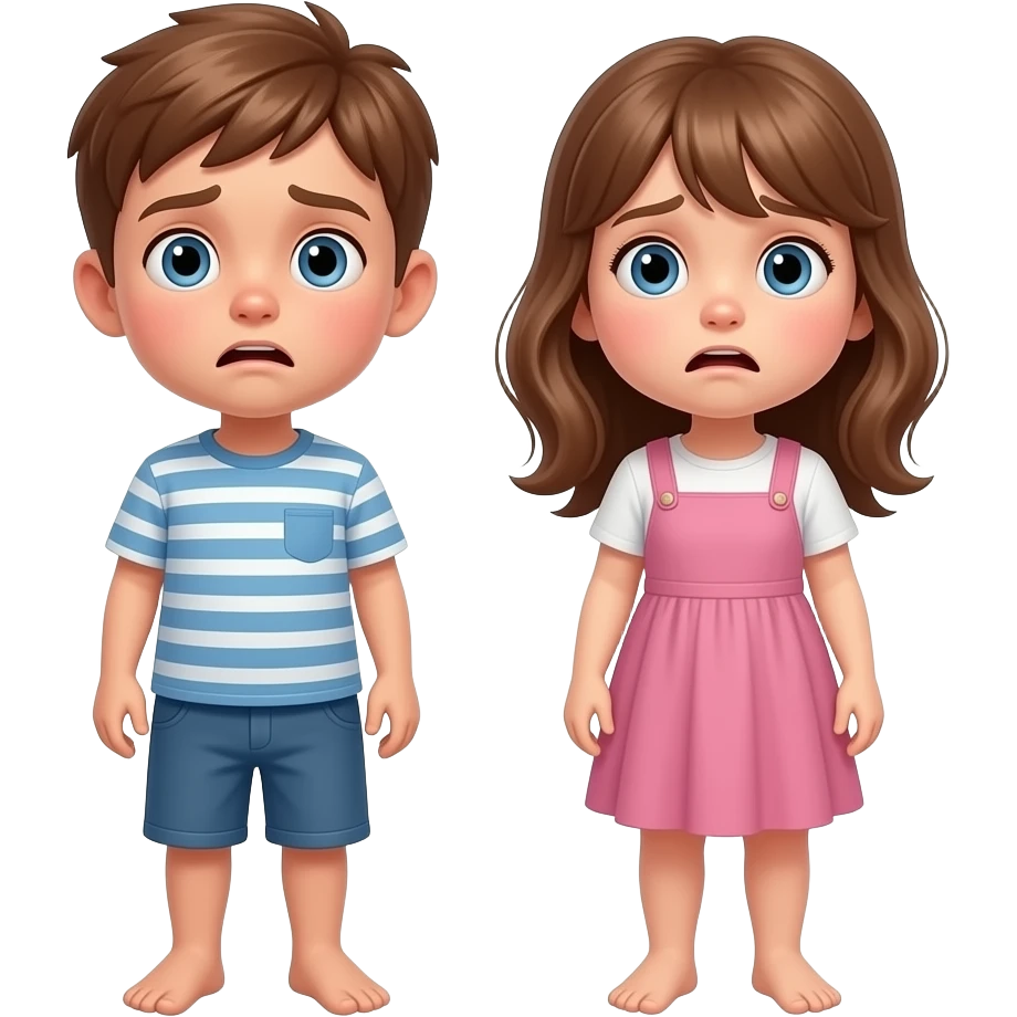 chico y chica son hermanos,se estan preguntando asustados donde estan, el chico castanyo i con pelo corto y la chica pelo suelto y color avellana y los dos tienen ojos azules son hermanos estan depie se les ve los pies emoji