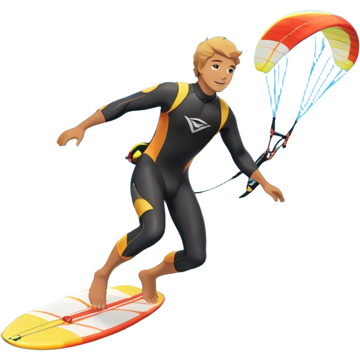 An athlete in a wetsuit, gliding above the waves on a kiteboard, holding onto a paraglider in the sky. The backdrop features a vibrant blue sky and rolling ocean waves, capturing the thrill and skill of the sport with a sense of freedom and adventure. emoji