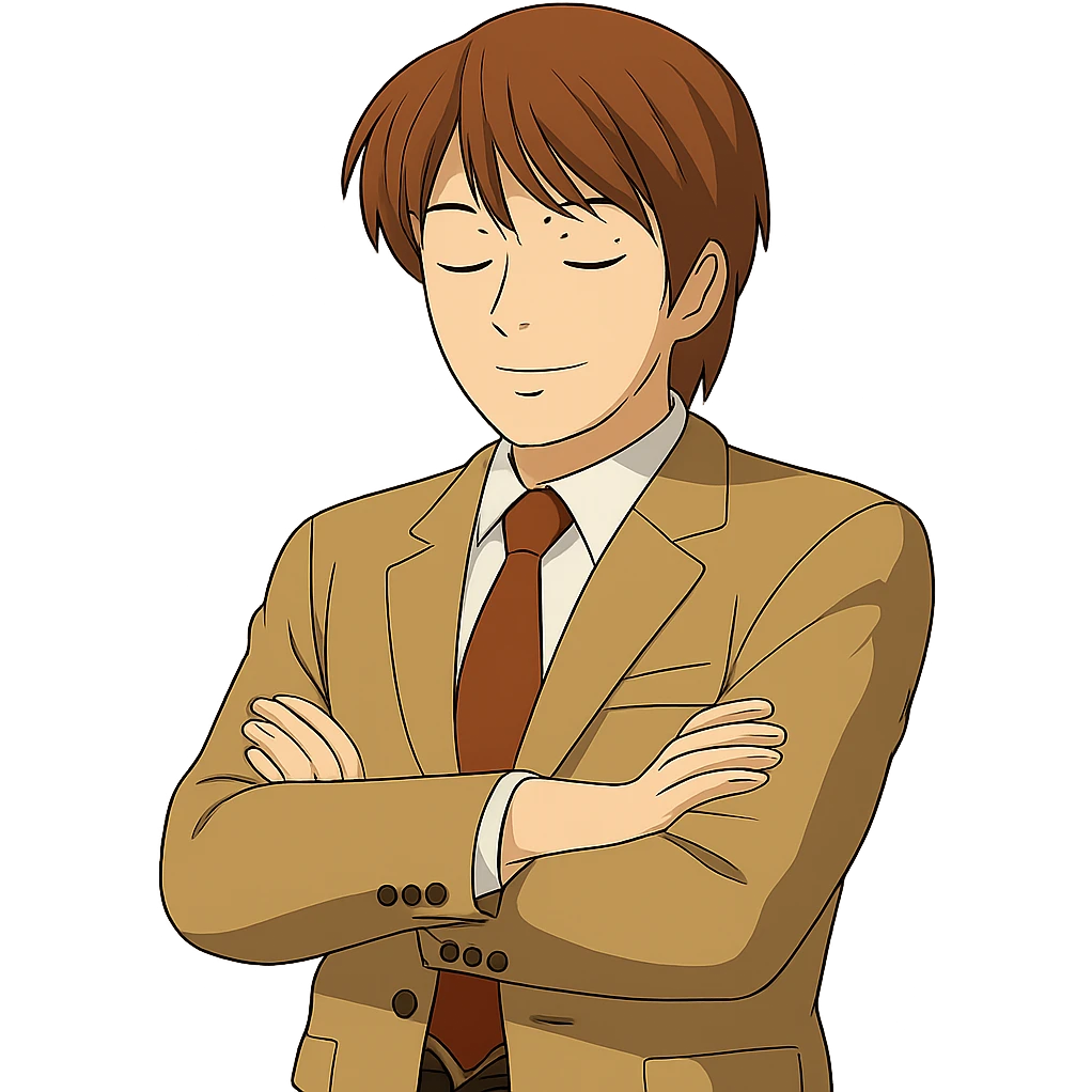 Create an exact Light Yagami in Ghibli style, standing with arms crossed and eyes closed. Keep the same suit, pose, confident expression, and all facial, hair, and suit details exactly as in the reference image. Transparent background. emoji