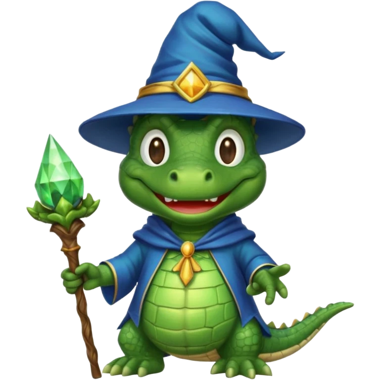 happy alligator wizard, smiling, wizard hat, staff emoji