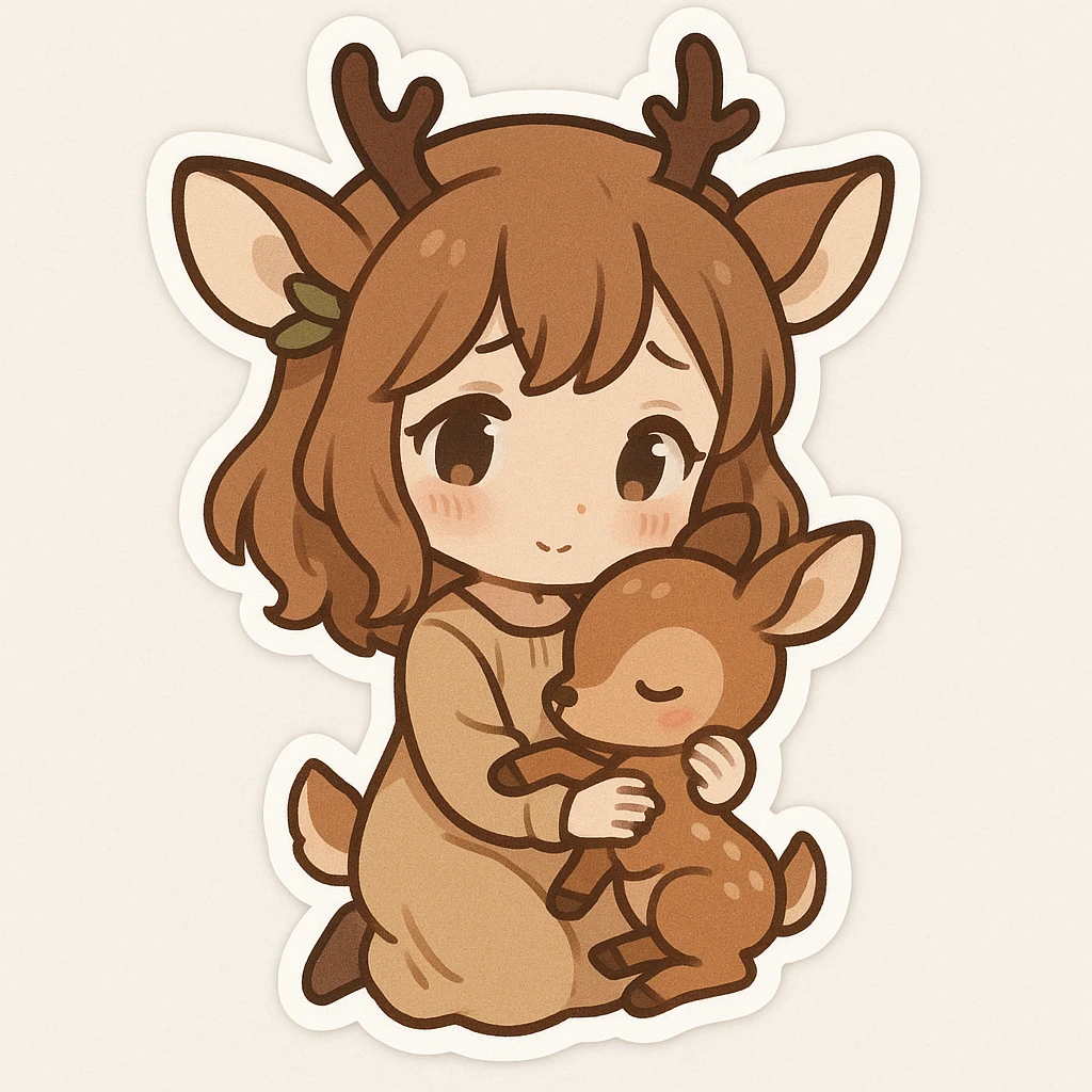 Chibi stickers style deer girl holding a baby deer, gentle and shy expression and pose. emoji