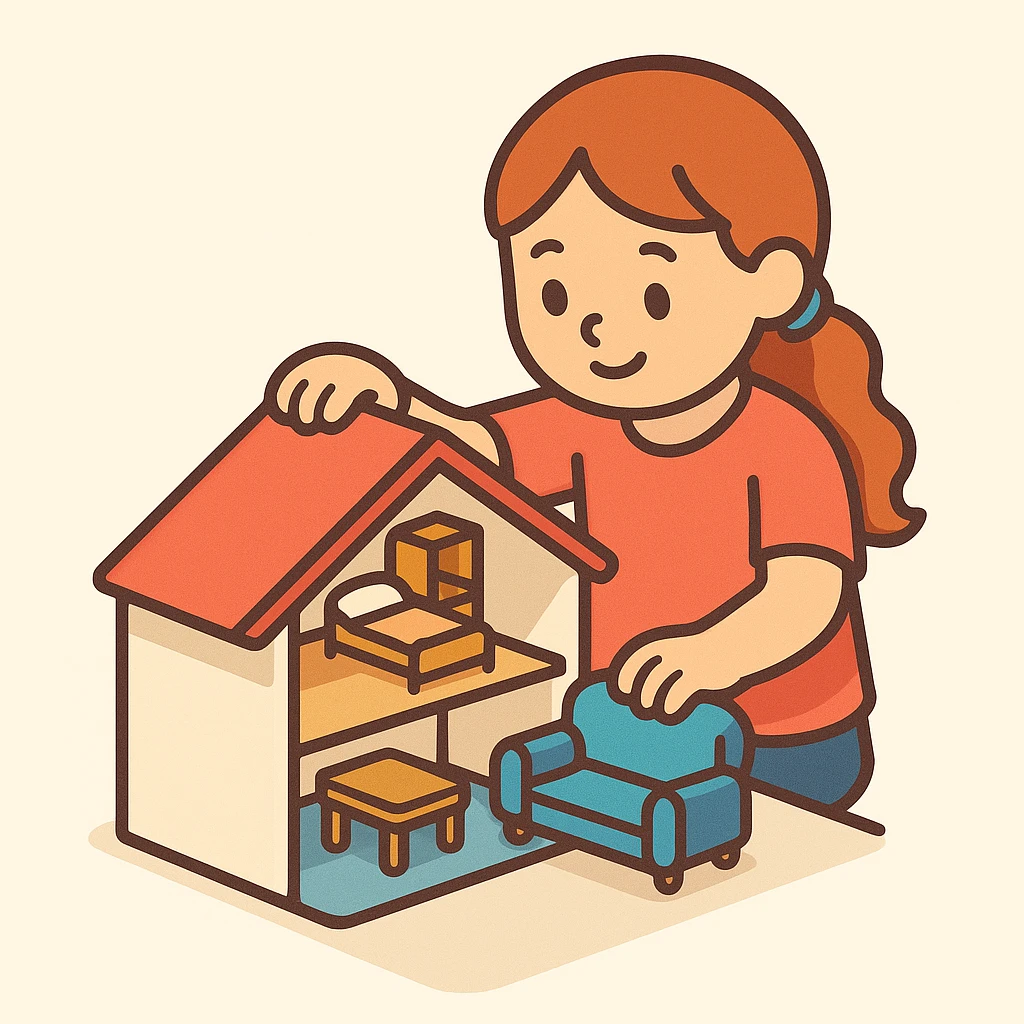 smiling girl arranging furniture in doll house emoji