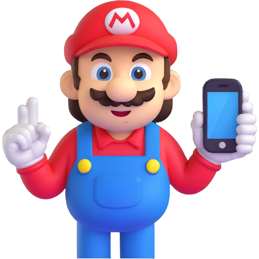Mario character using a cell phone emoji