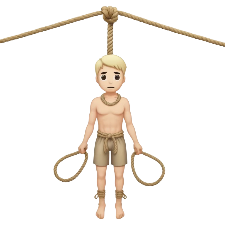 A man with a rope tied by his neck hanging, dead eyes, full body hanging, no other ropes  emoji