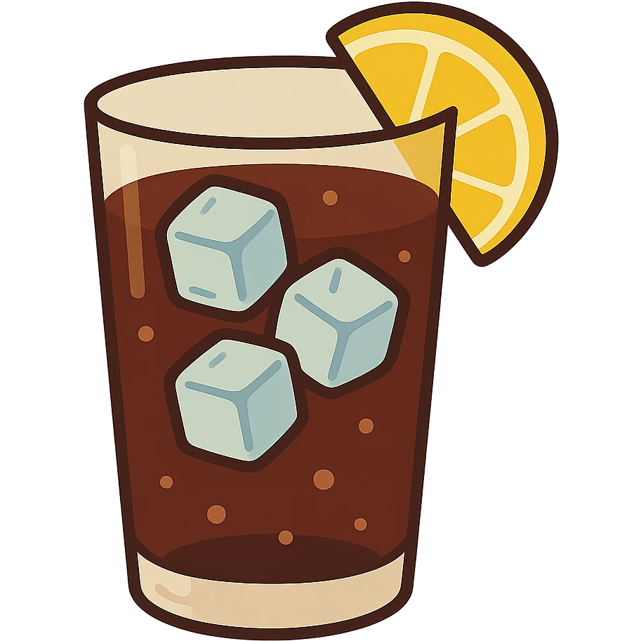 flat toon glass of cola with 3 ice cubes and a wedge of lemon emoji