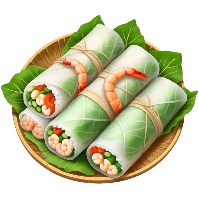 cinematic-realistic-vietnamese-summer-rolls-dish-emoji,-depicted-with-delicate-rice-paper-wraps-filled-with-fresh-vegetables-and-shrimp-rendered-with-crisp-textures-and-refreshing-lighting. emoji