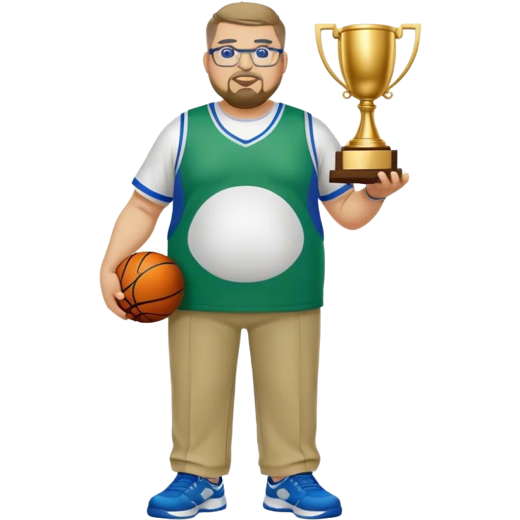 full body white obese male basketball coach with trophy. Goatee , Wearing glasses and blue and green polio with khaki pants emoji