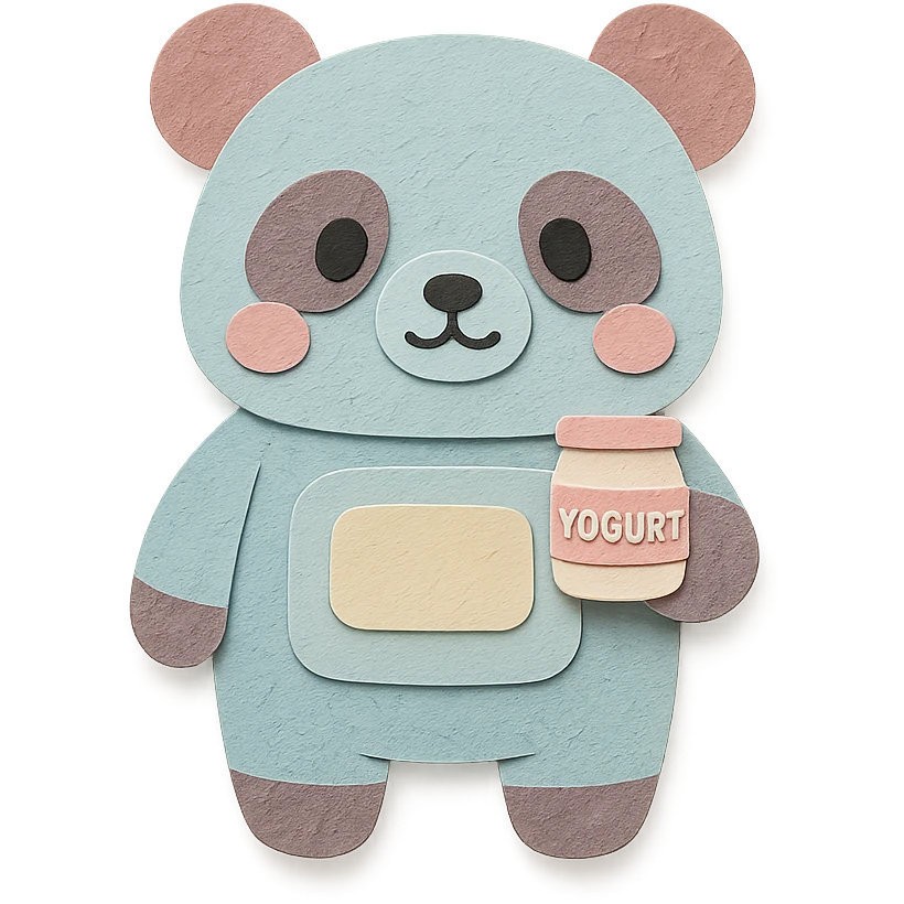 cute panda-shaped yogurt maker holding a tiny yogurt cup, pastel colors, full-body emoji