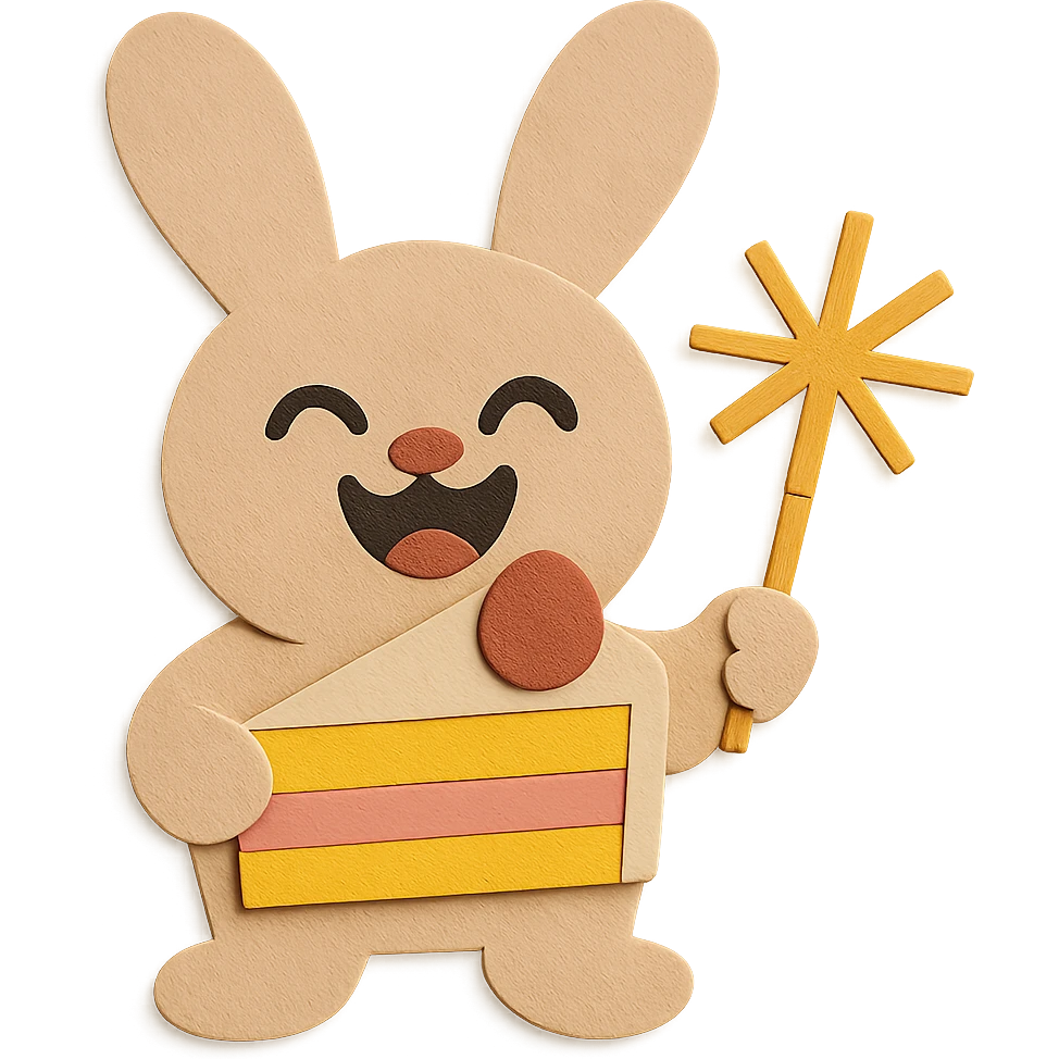Adjust the bunny's ears so both sides have equal color, shape, and elements. Make the ears visually match and harmonize with the rest of the bunny. Maintain the paper-craft style, laugh face, cake slice, and sparkler. emoji