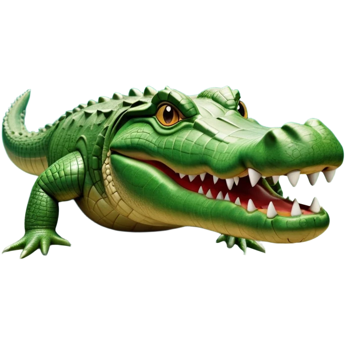 cinematic-crocodile-realistic-full-body-on all fours-emoji,-massive-scaled-body-partially-submerged-in-shallow-water,-head-tilted-dramatically,-rough-green-and-brown-hide-textured-with-deep-ridges,-simplified-yet-realistic-focused-features, head held high emoji