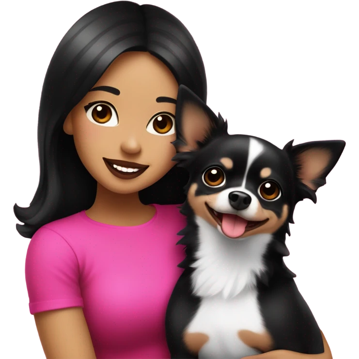 Thick medium black hair with hot pink lips and pink cheek smiling Filipino lady hugging black and white Chihuahua  emoji