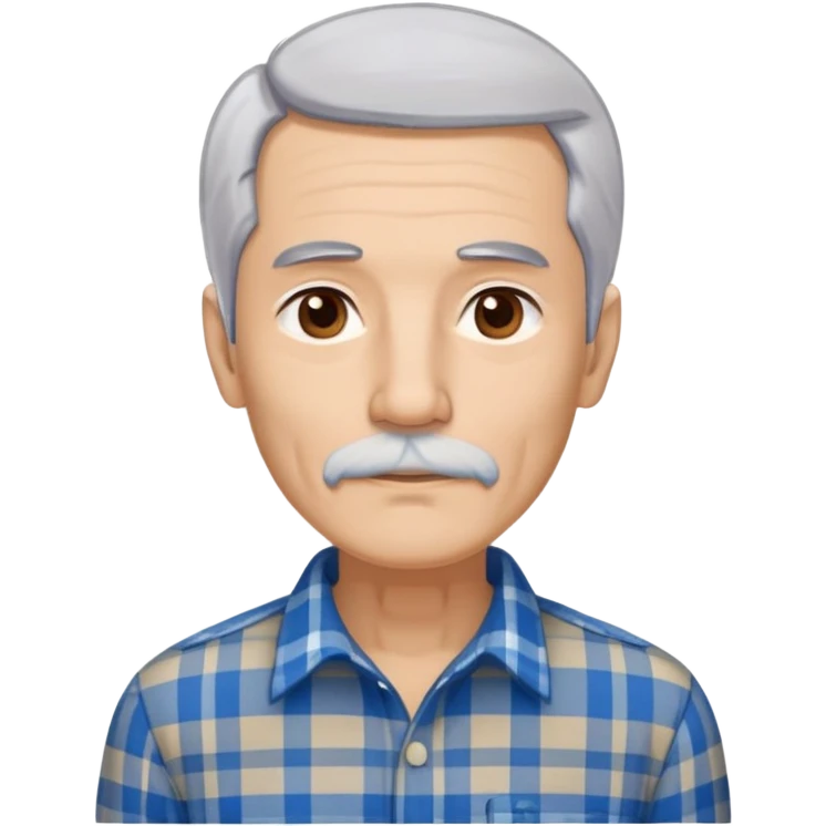 Thin older Hispanic man with light complexion. Elongated slim face with wise expression. Relaxed brown eyes. Straight fine gray-white hair with soft fringe. White mustache connected to chin beard. Lean physique. Wearing a beige and blue plaid long-sleeved shirt. emoji