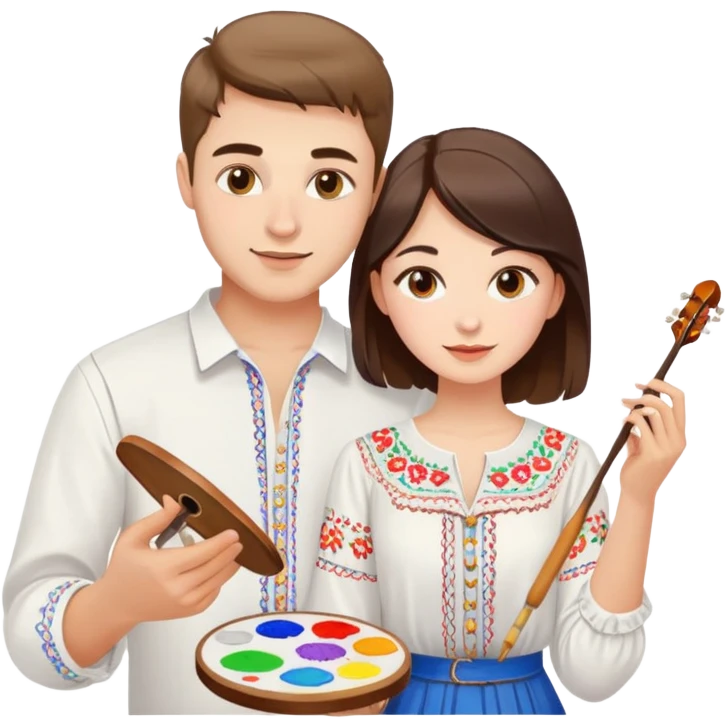 a guy in a white Ukrainian embroidered shirt and a girl in a white Ukrainian embroidered shirt, holding music and a paint palette emoji