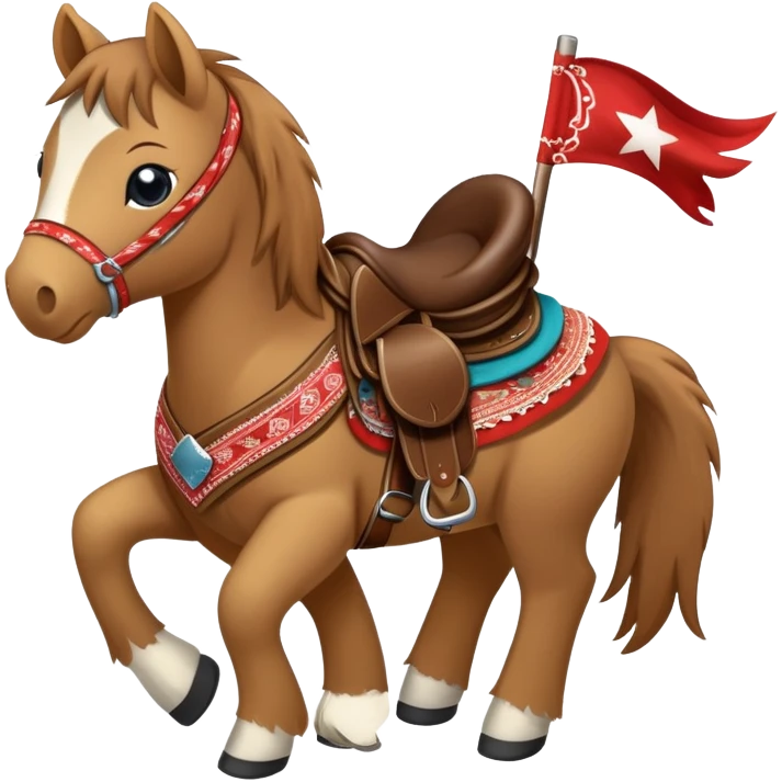 A brown plush pony with a western saddle and bandana emoji