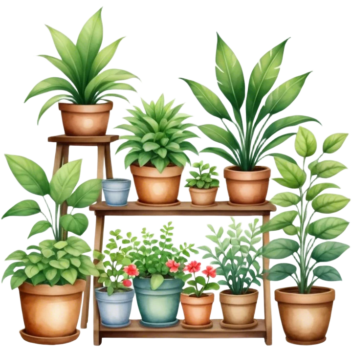 A cozy indoor garden scene with an assortment of potted plants, painted in a delicate and natural watercolor style. emoji