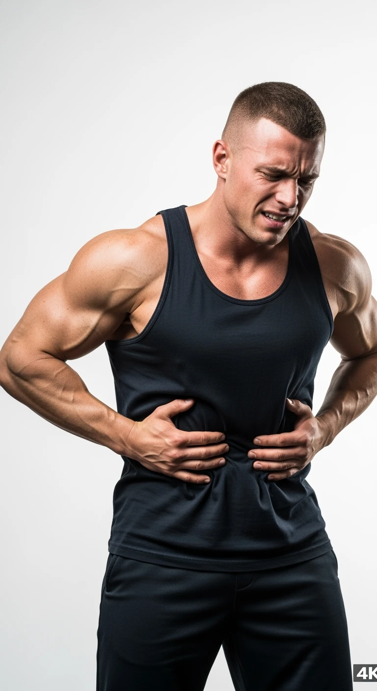 BODYBUILDER CHE SI INDICA I FIANCHI CON ESPRESSIONE AFFLITTA, ISOLATO SU SFONDO BIANCO, IPERREALISTICI 4K emoji