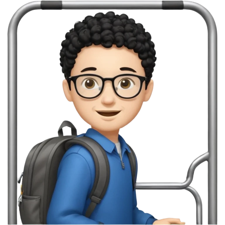A young boy DEVELOPER WITH A backpack, black curly short hair, wearing glasses, a thin goatee, his skin is white, riding a bus emoji
