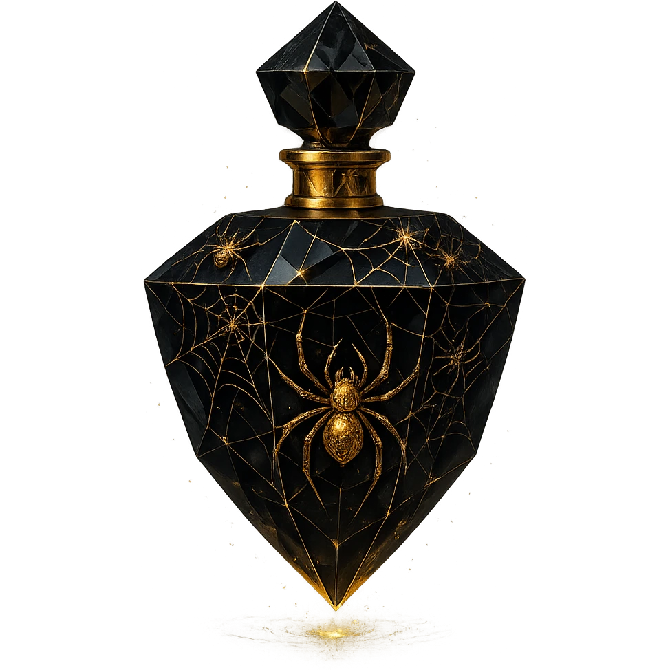 very luxurious black crystal elixir bottle with lots of shine, facets, ornaments, decorated with spiders and spider webs, golden details, magical effects, very small golden neck, transparent background, beautiful merging base, clearly floating in the air, no base or shadow, premium class, matching a collection emoji