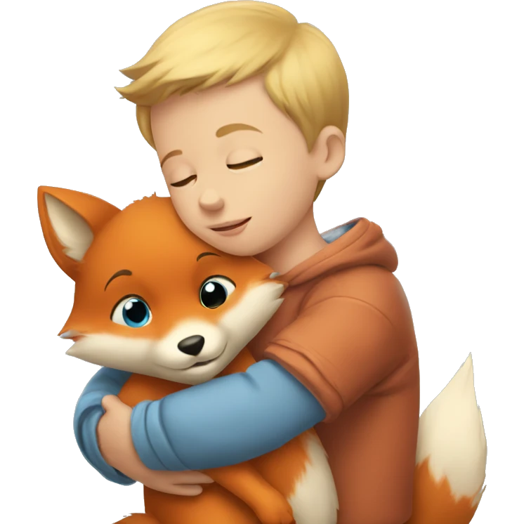 baby boy hugging little fox with blue eyes emoji