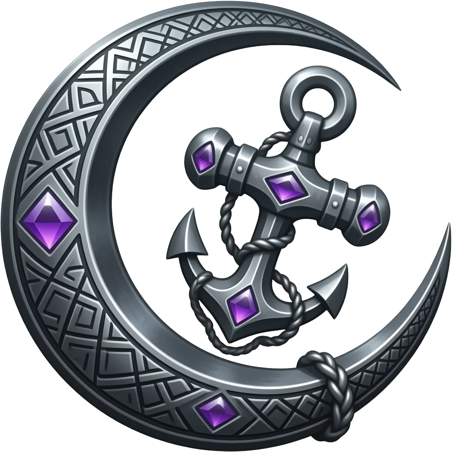 „blackened crescent‑moon and anchor fused together, intricate runic engravings, small purple crystals, moonlight reflecting on metal, ethereal atmosphere, high detail, no characters“ emoji