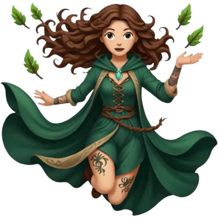 forest mage woman long wavy brown hair tattoos drawing symbol mid-air emoji