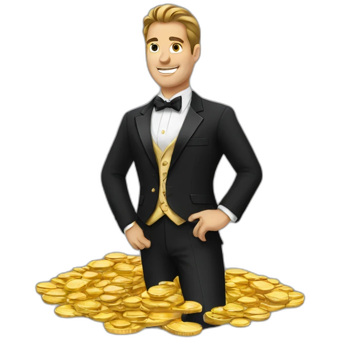 Posh-man-with-black-suit-holding-golden-coins emoji