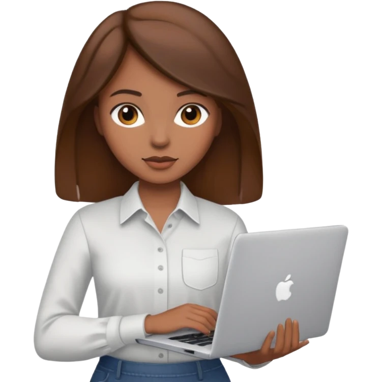 memoji of a brown hair female with a grey laptop in front, apple-style, modern emoji