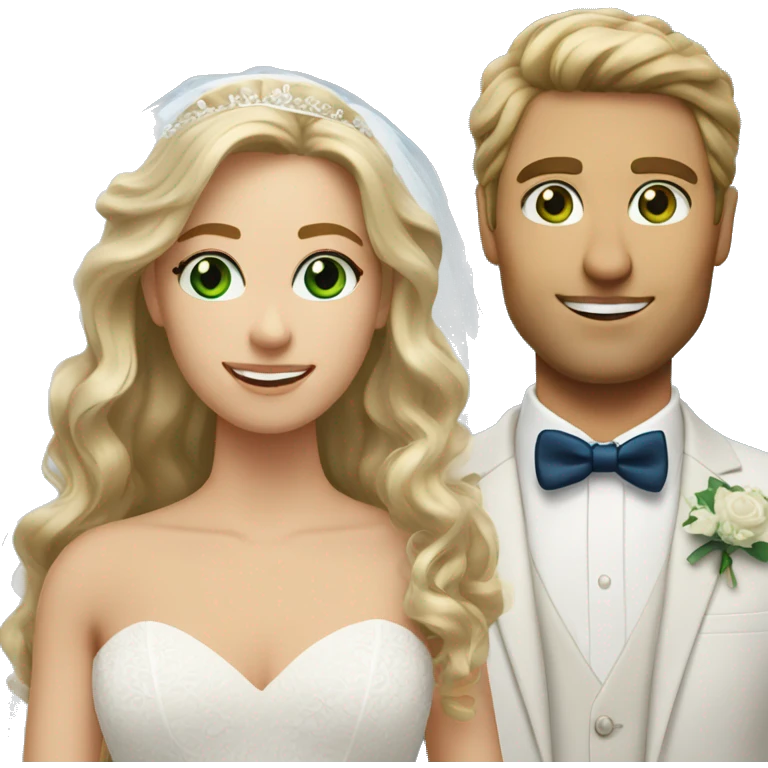 Bride with long wavy lose brown hair and green eyes and blonde groom with blue eyes  emoji