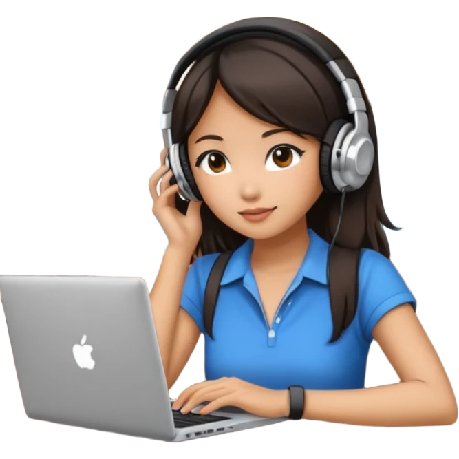 An Asian girl at the bar with a laptop and headphones on emoji
